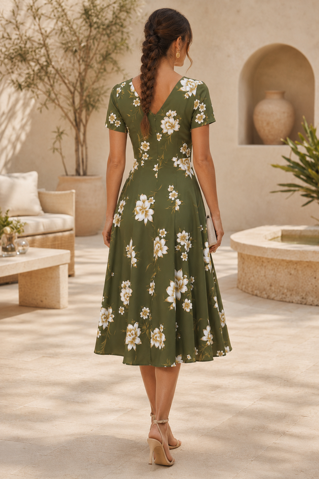 Floral V-Neck Short Sleeve Midi Dress
