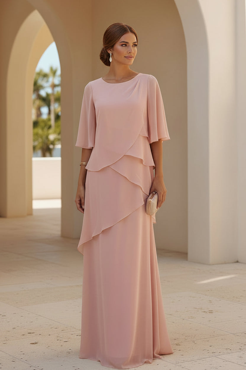 Chiffon Tiered Flutter Sleeve Maxi Formal Dress