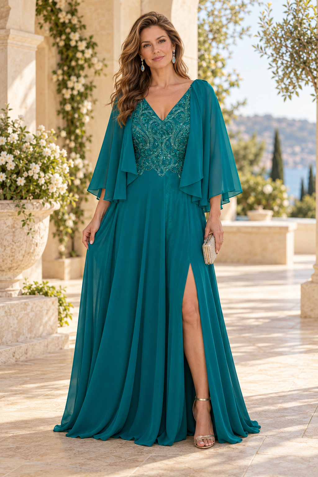 Beaded Bodice Cape Sleeve Evening Gown with Slit
