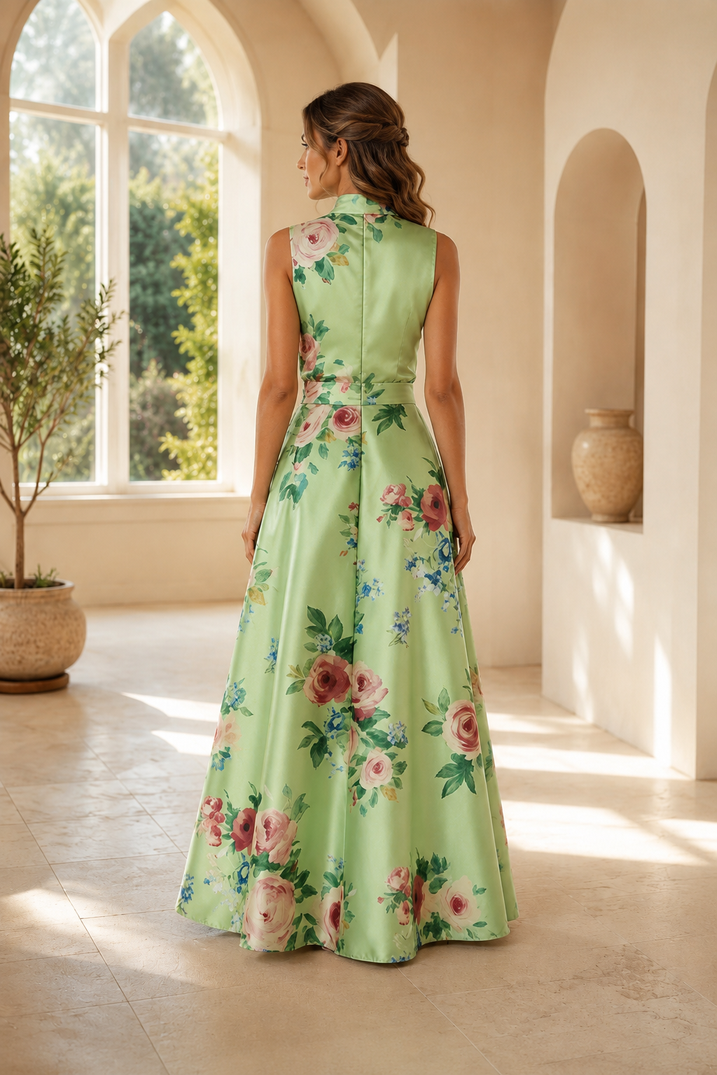 High Neck Floral Print Satin A-Line Maxi Dress