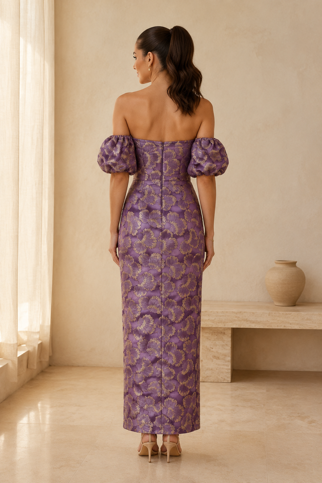 Off-the-Shoulder Puff Sleeve Jacquard Column Dress