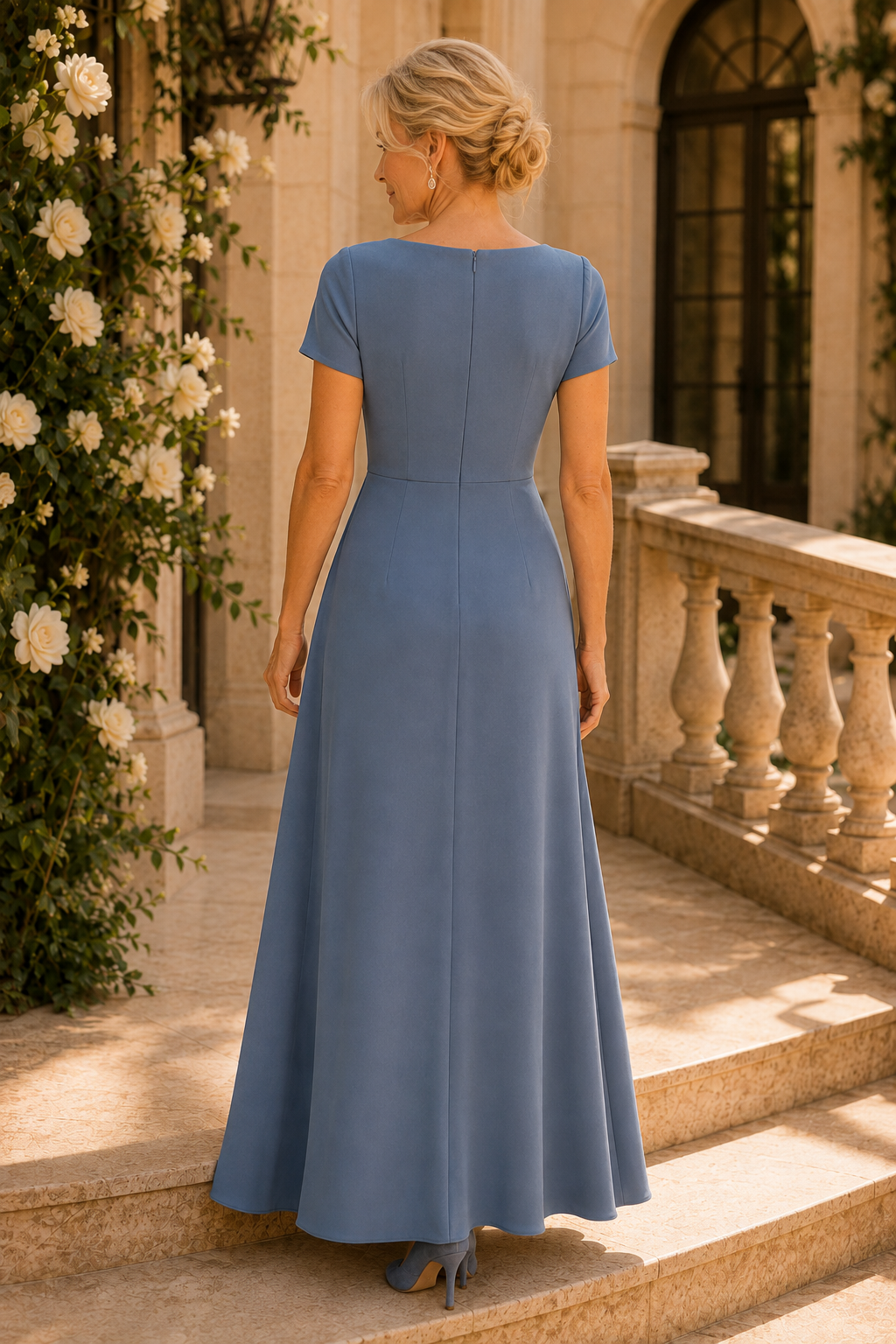Short Sleeve Pleated V-Neck Evening Gown with Drape