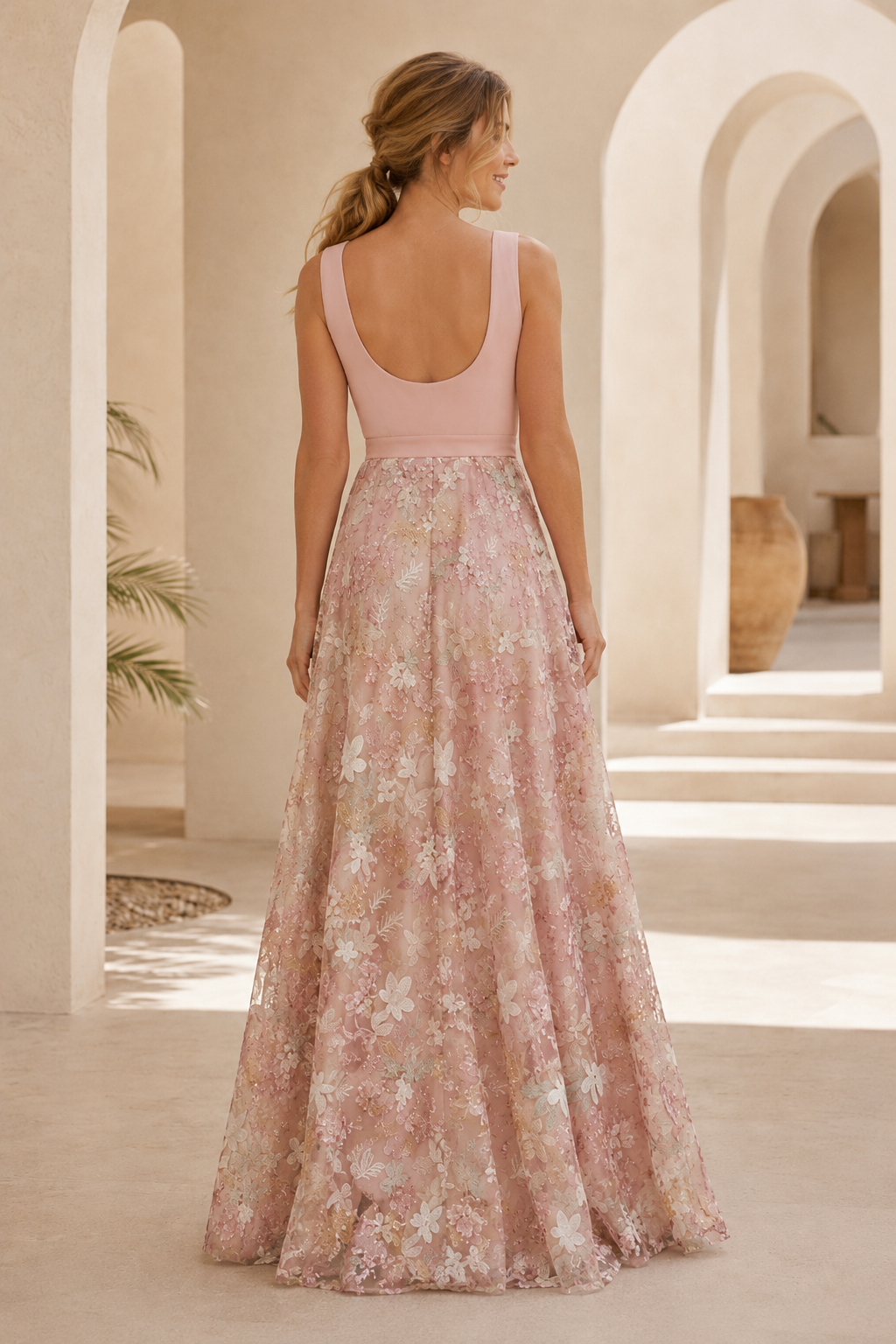 A-Line Scoop Neck Embroidered Lace Evening Gown