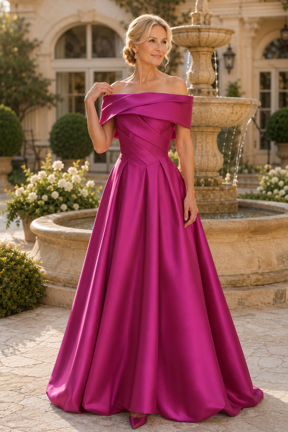 Off-the-Shoulder Pleated Satin A-Line Gown