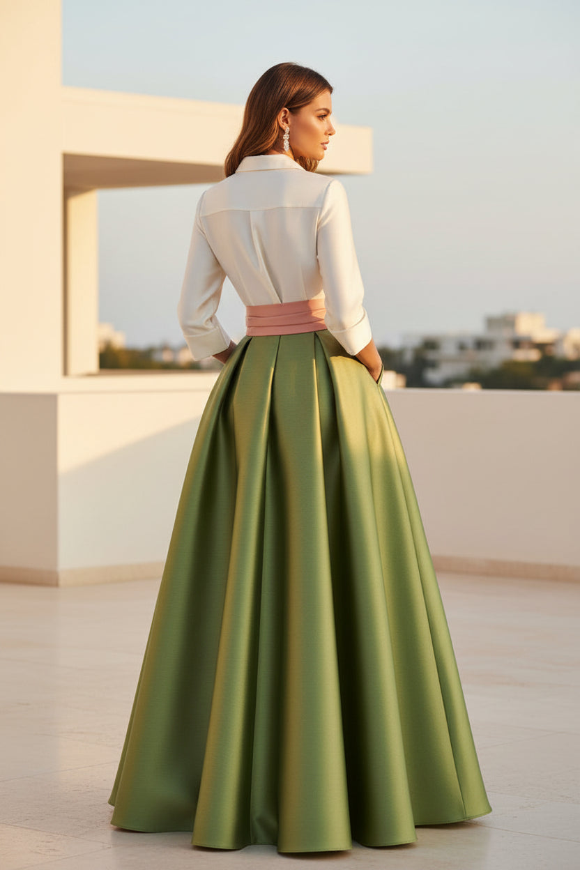 Satin Ball Gown Skirt Set with Bow Sash