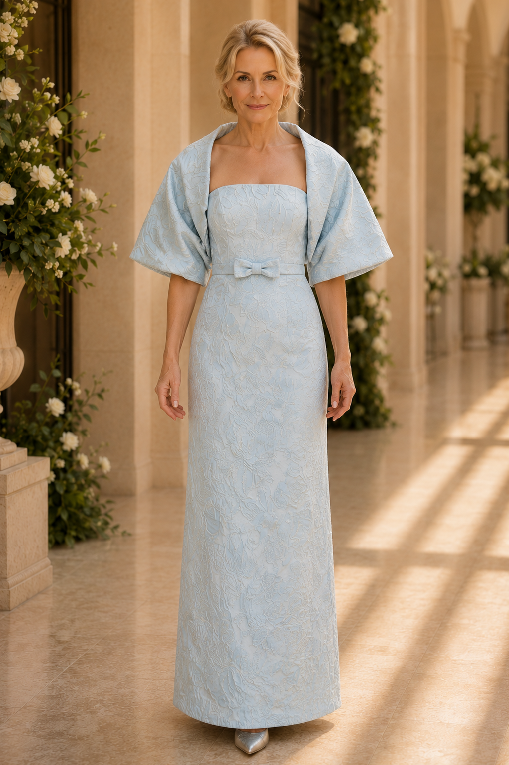 Jacquard Column Gown with Capelet and Bow Detail