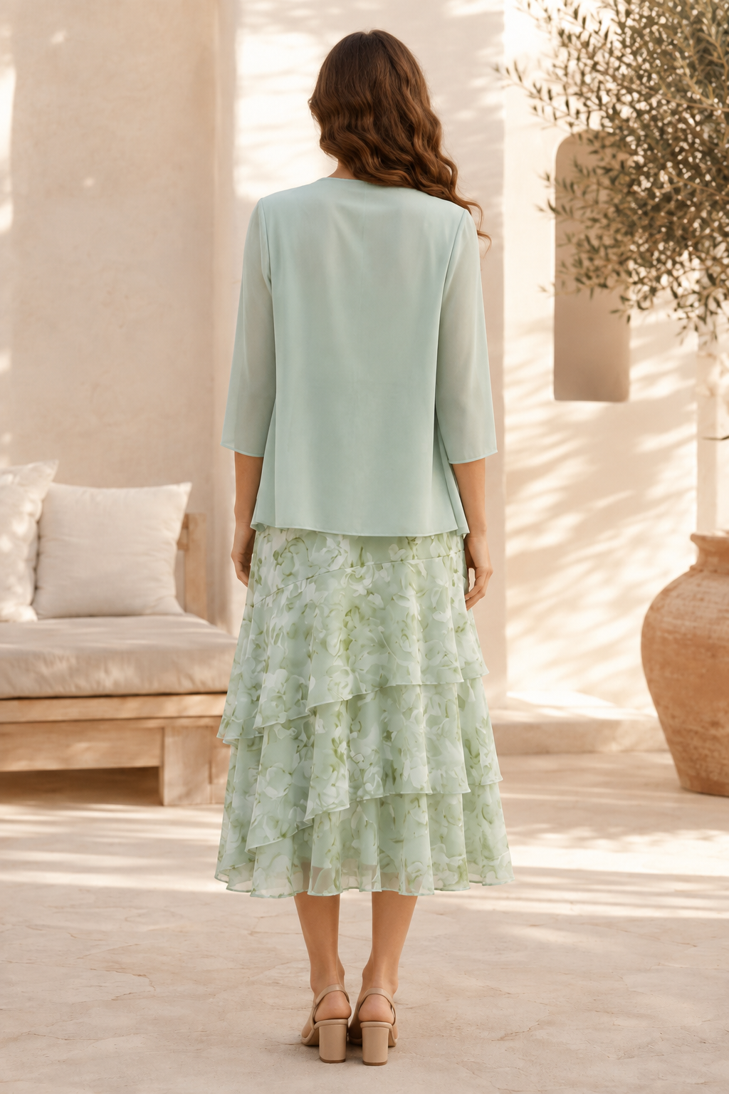 Floral Tiered Midi Dress with 3/4 Sleeve Jacket