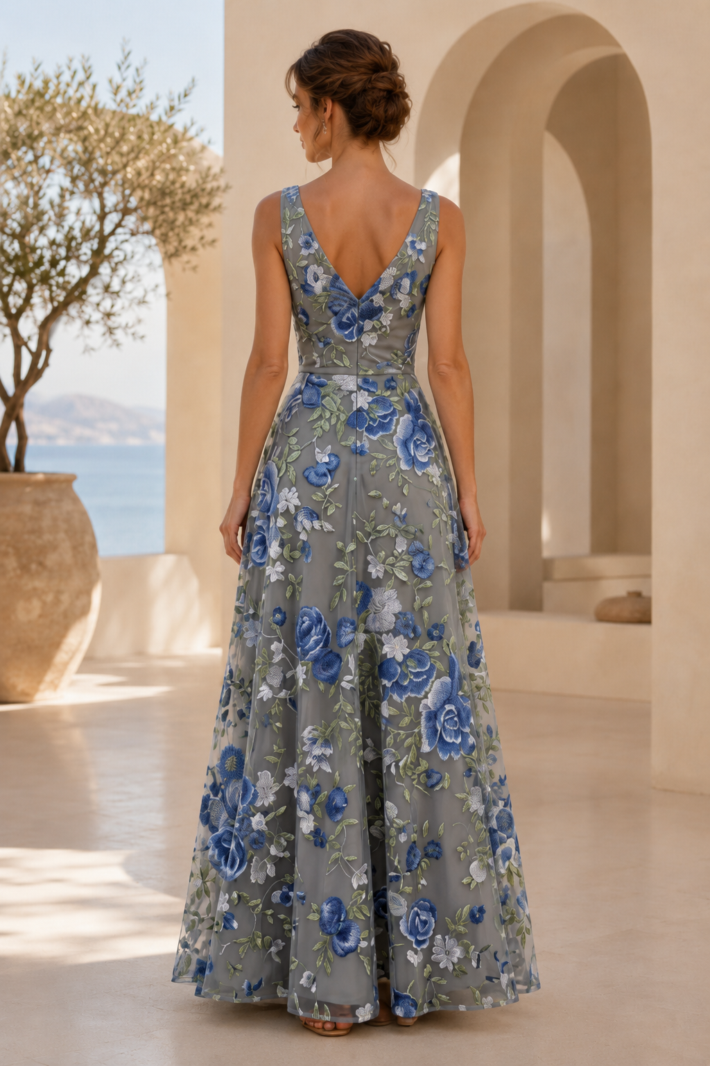 Floral Embroidered V-Neck Draped A-Line Gown