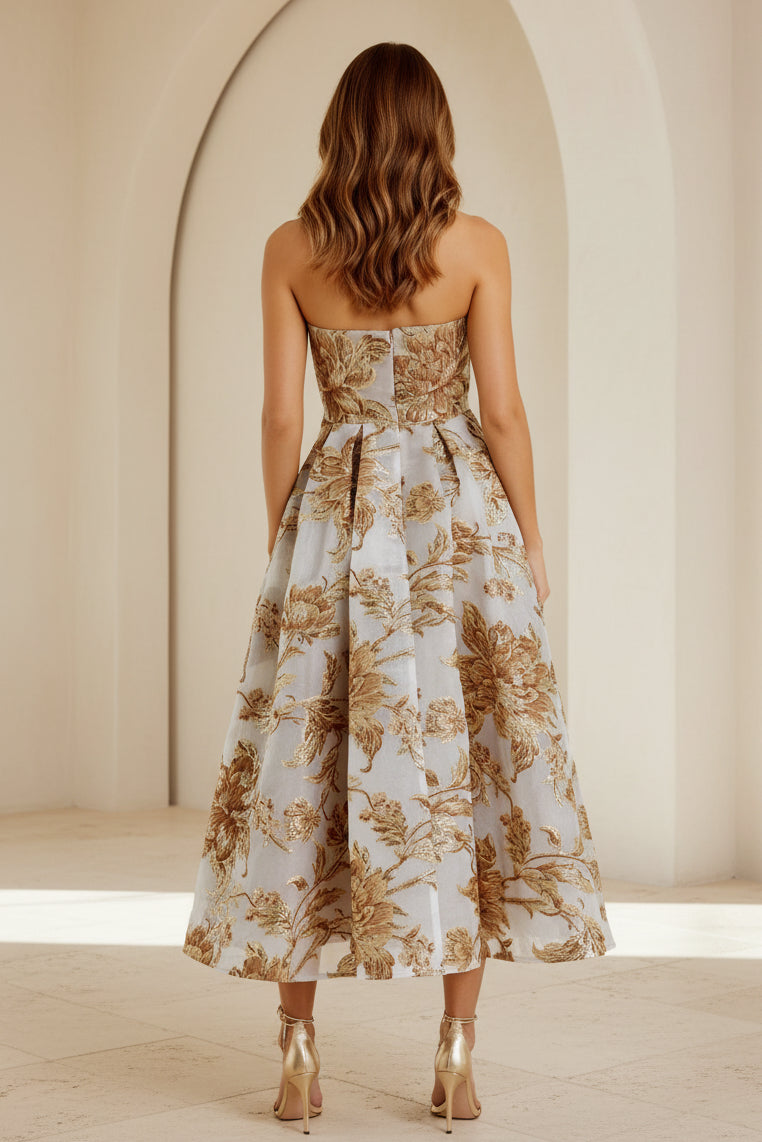 Strapless Metallic Jacquard A-Line Midi Dress