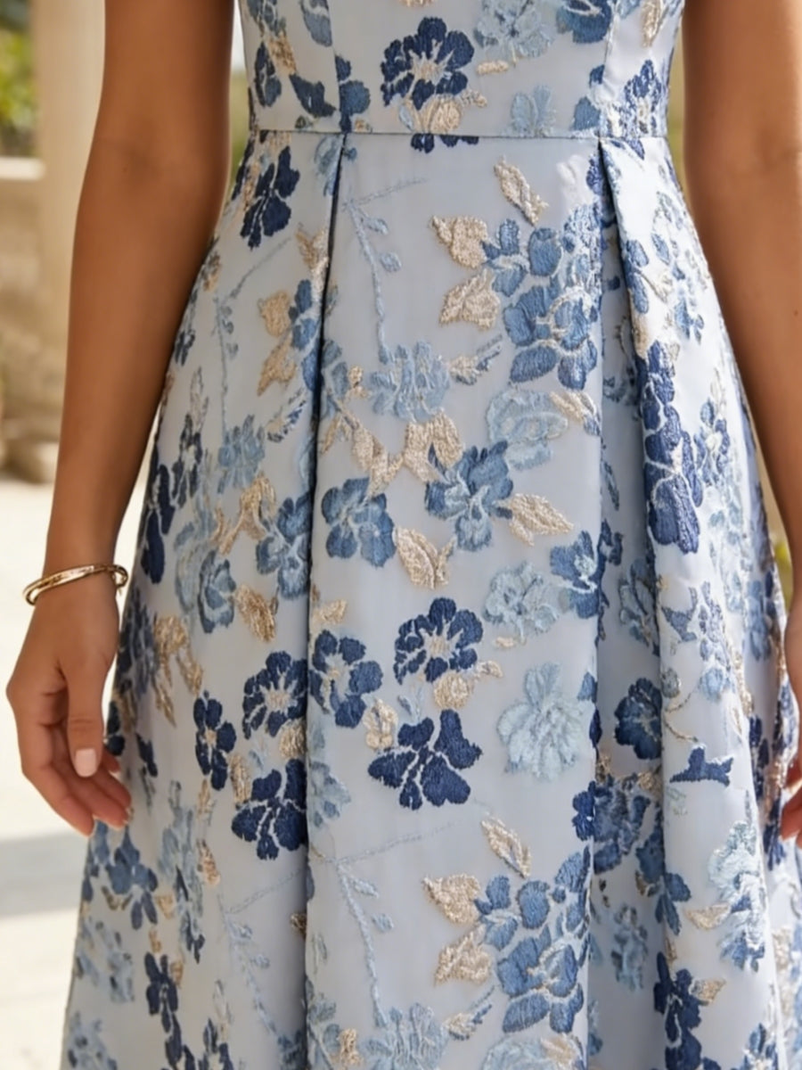 Floral Jacquard Sleeveless Midi A-Line Dress