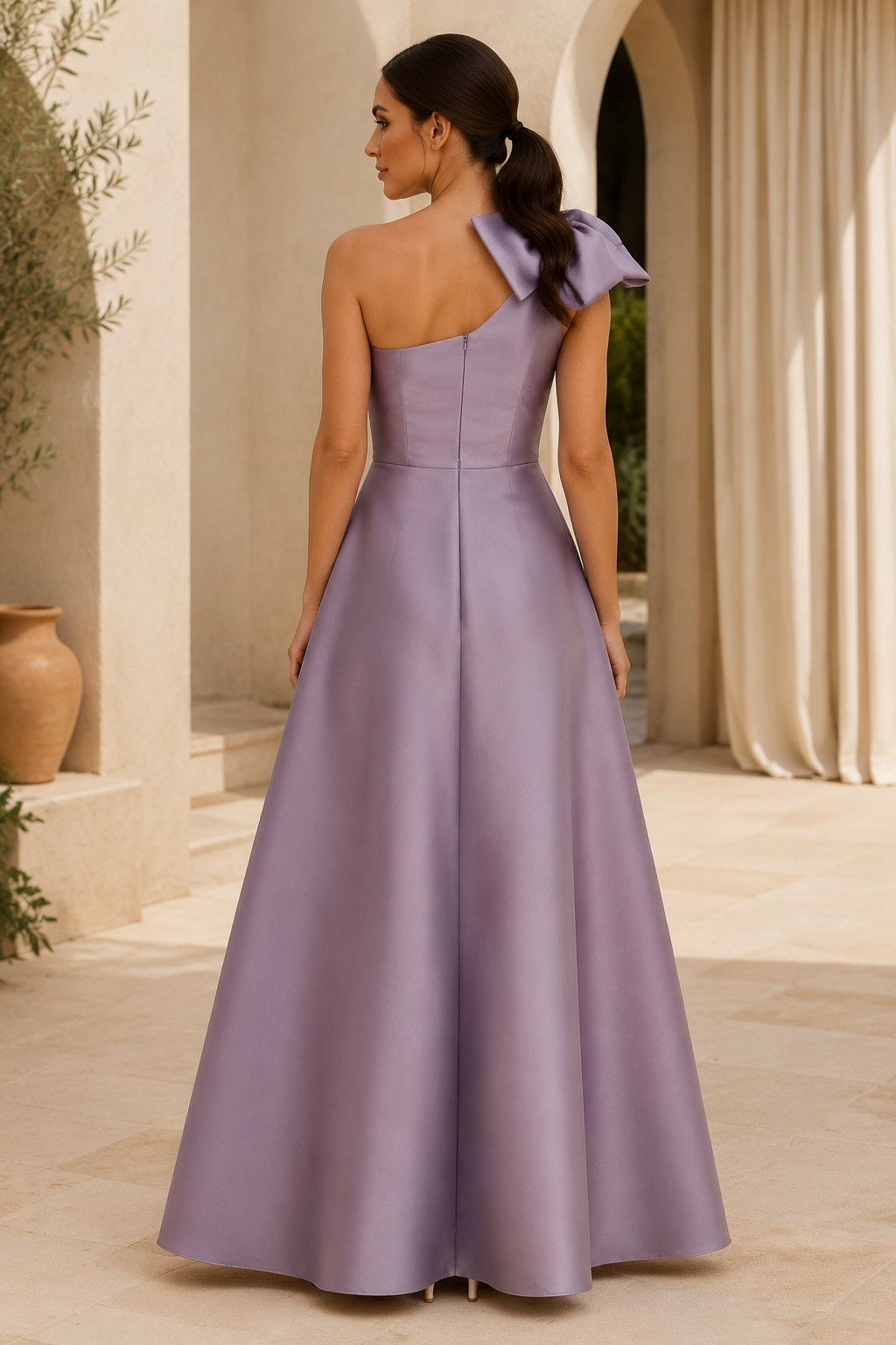 One-Shoulder Satin A-Line Gown with Bow and Pockets