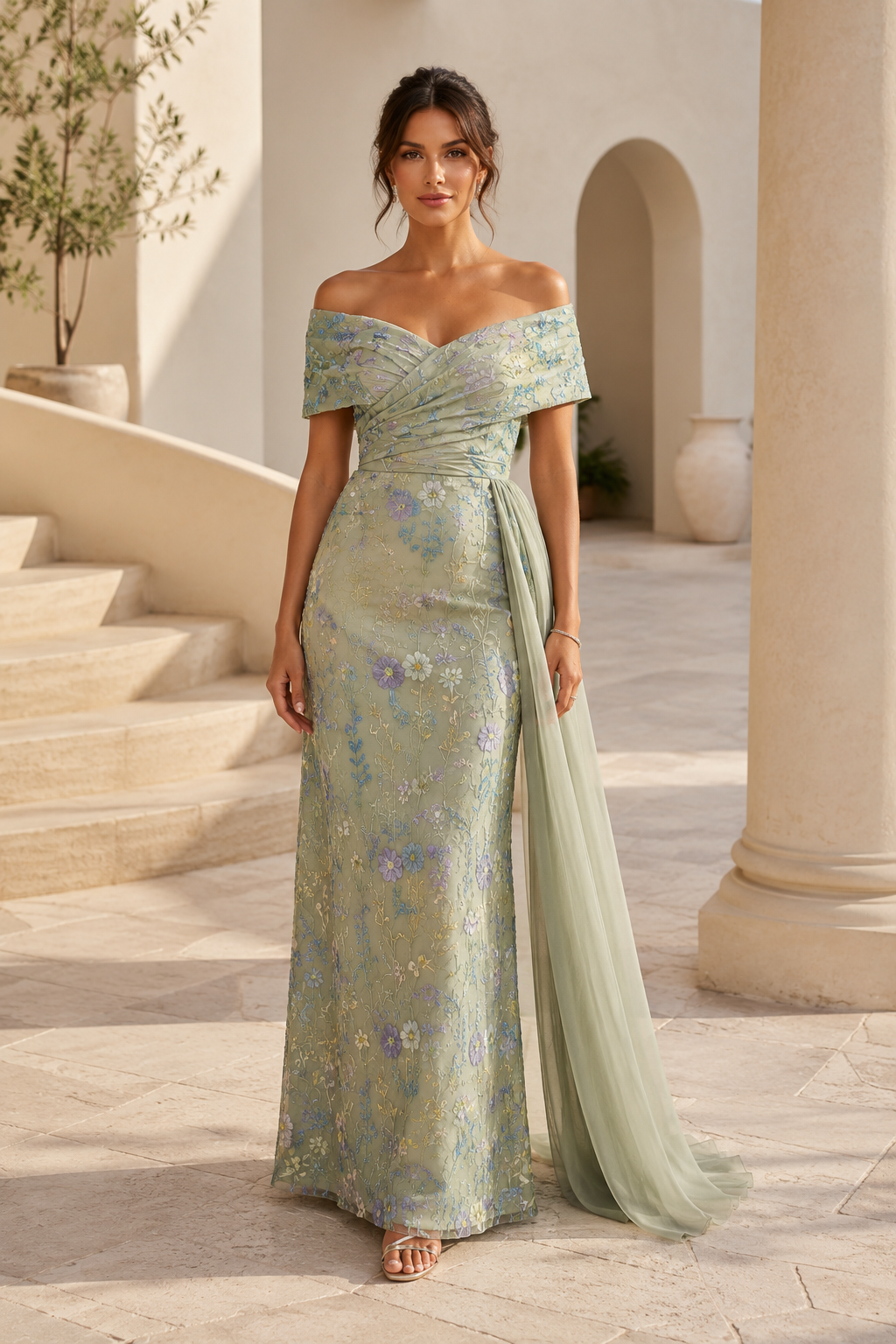 Off-Shoulder Floral Jacquard Sheath Gown with Chiffon Train