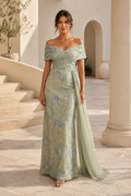 Off-Shoulder Floral Jacquard Sheath Gown with Chiffon Train