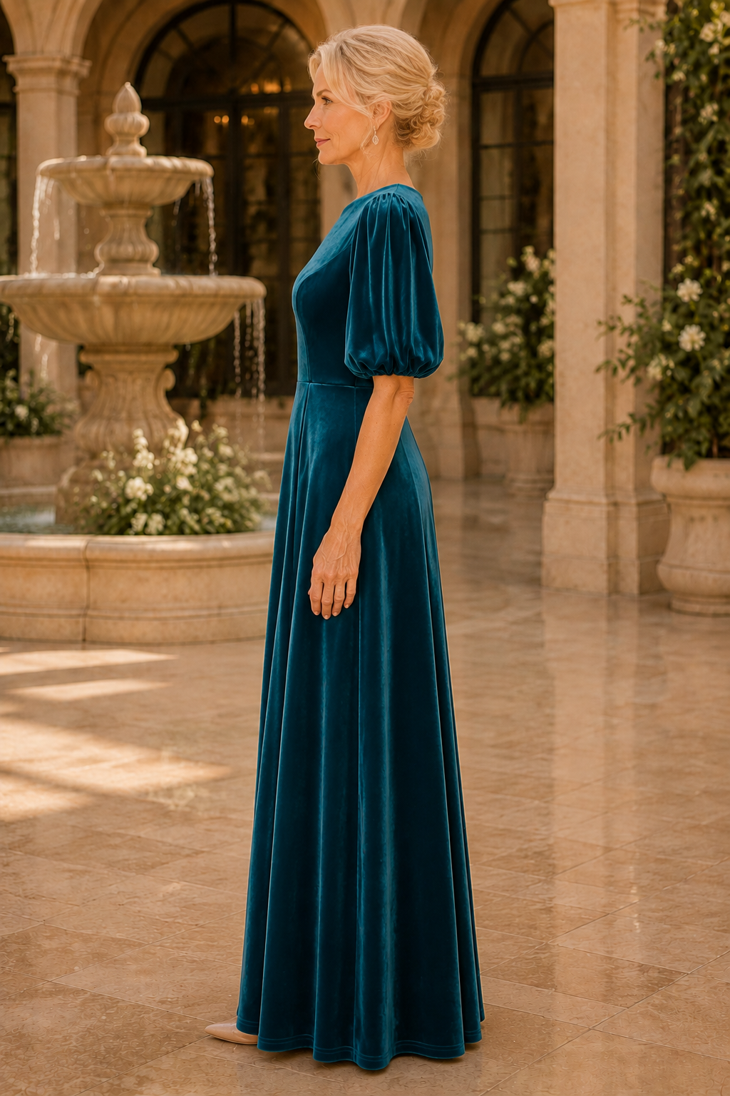 Puff Sleeve Velvet A-Line Maxi Dress