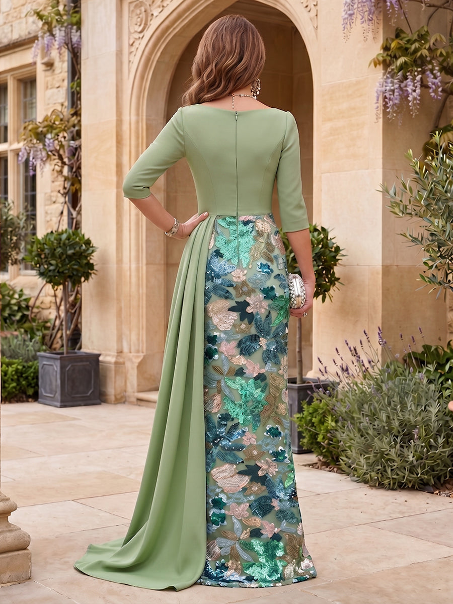 Sequin Floral Embroidered Gown with Satin Drape