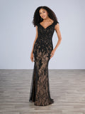 Scalloped Lace Cap Sleeve Trumpet Evening Gown
