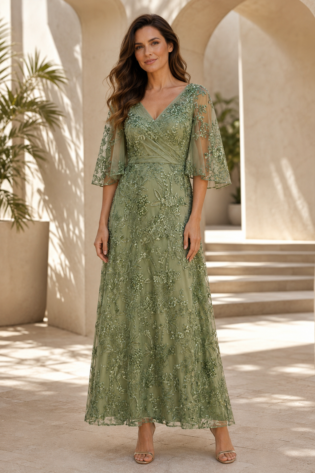 Floral Embroidered Flutter Sleeve A-Line Gown