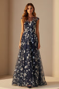 Cap Sleeve Floral Illusion A-Line Evening Gown