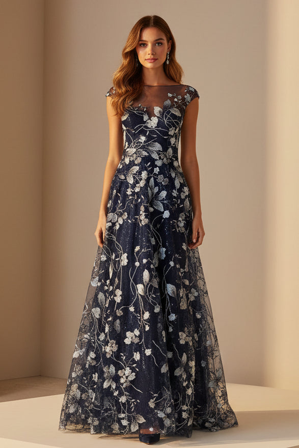 Cap Sleeve Floral Illusion A-Line Evening Gown