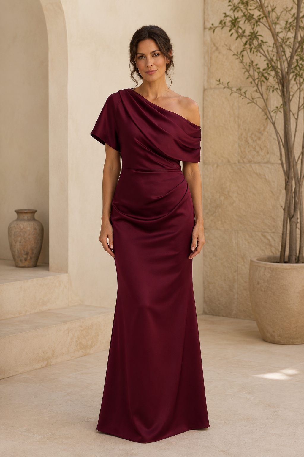One Shoulder Draped Satin Trumpet Evening Gown