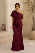 One Shoulder Draped Satin Trumpet Evening Gown