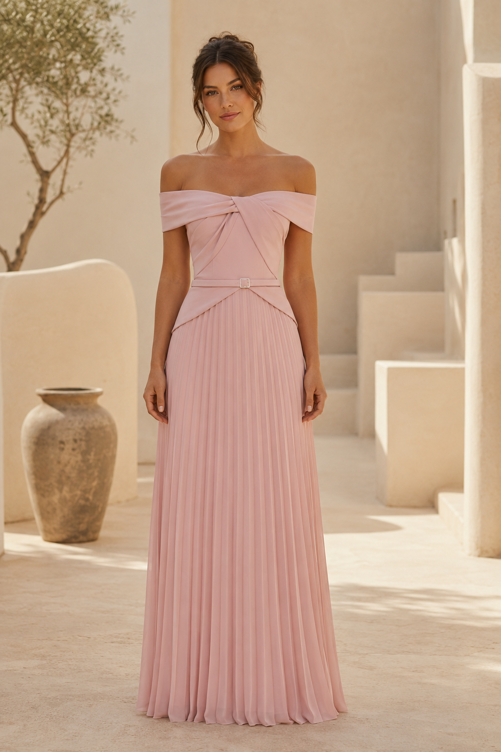 Off-the-Shoulder Pleated A-Line Evening Gown