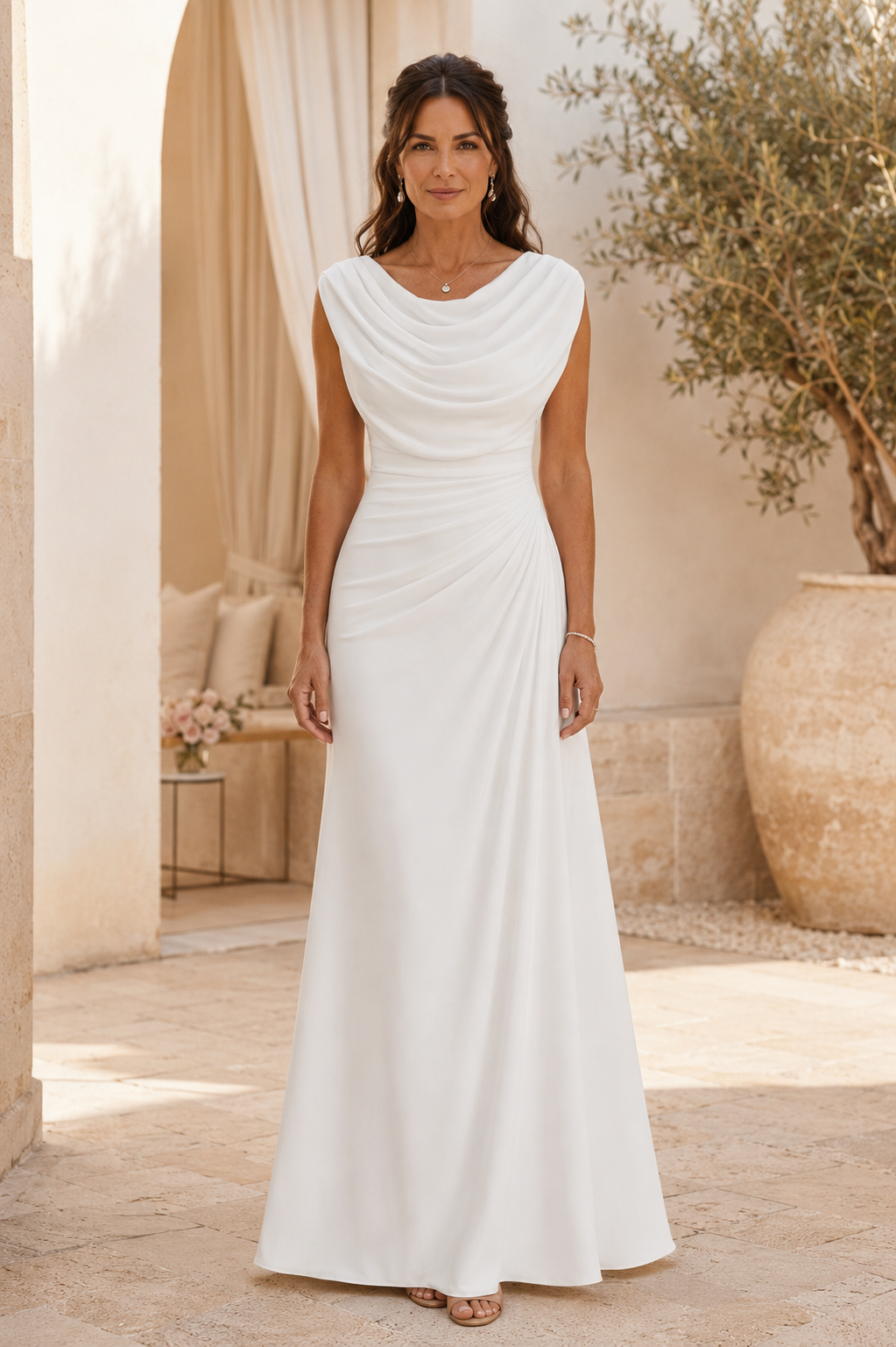 Cowl Neck Ruched Floor-Length Evening Dress