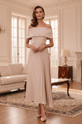 Off Shoulder Pearl Embellished Pleated Midi Dress
