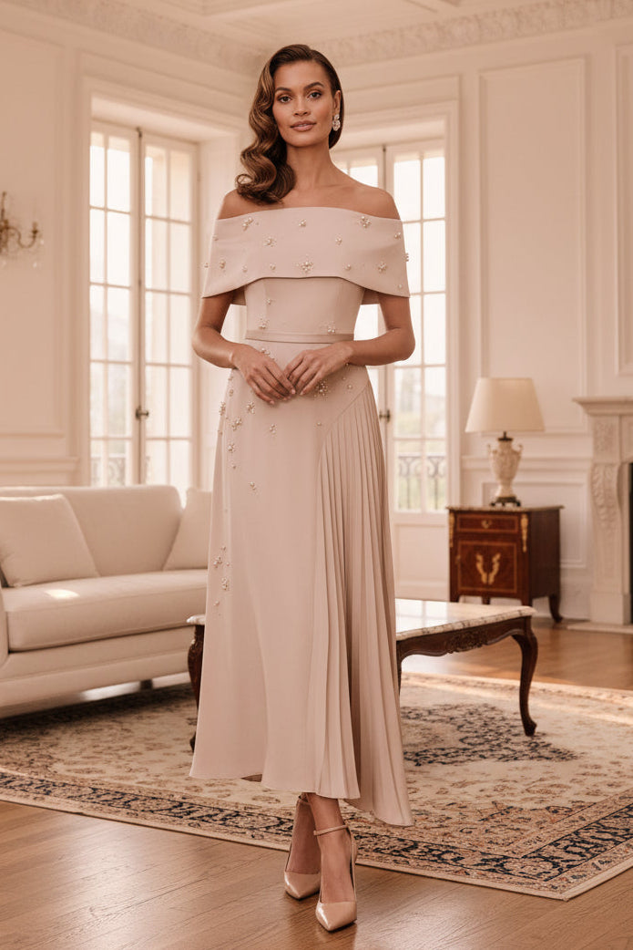 Off Shoulder Pearl Embellished Pleated Midi Dress