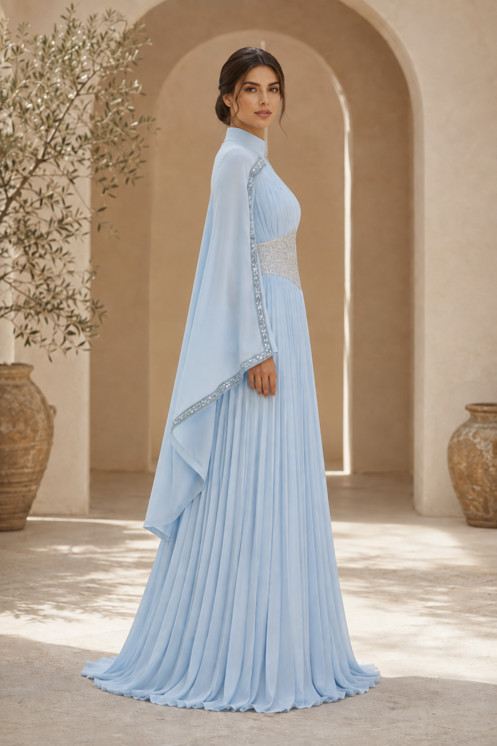 Cape Sleeve Pleated Chiffon A-Line Evening Gown