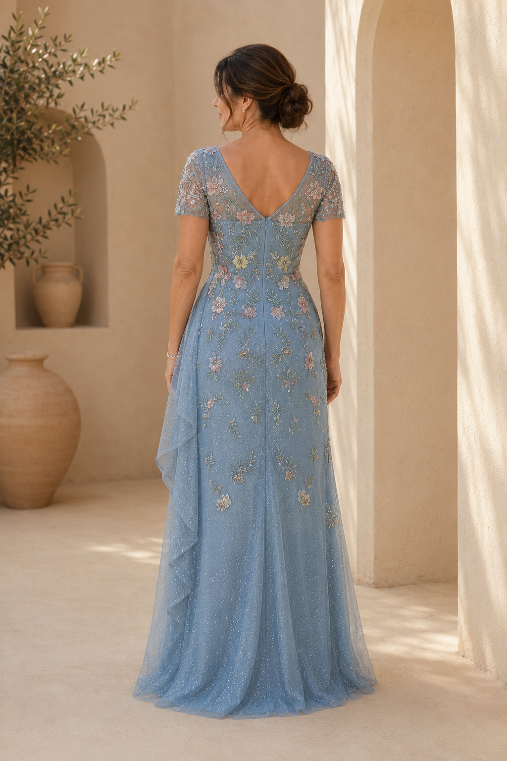Embroidered A-Line Evening Gown with 3D Flowers