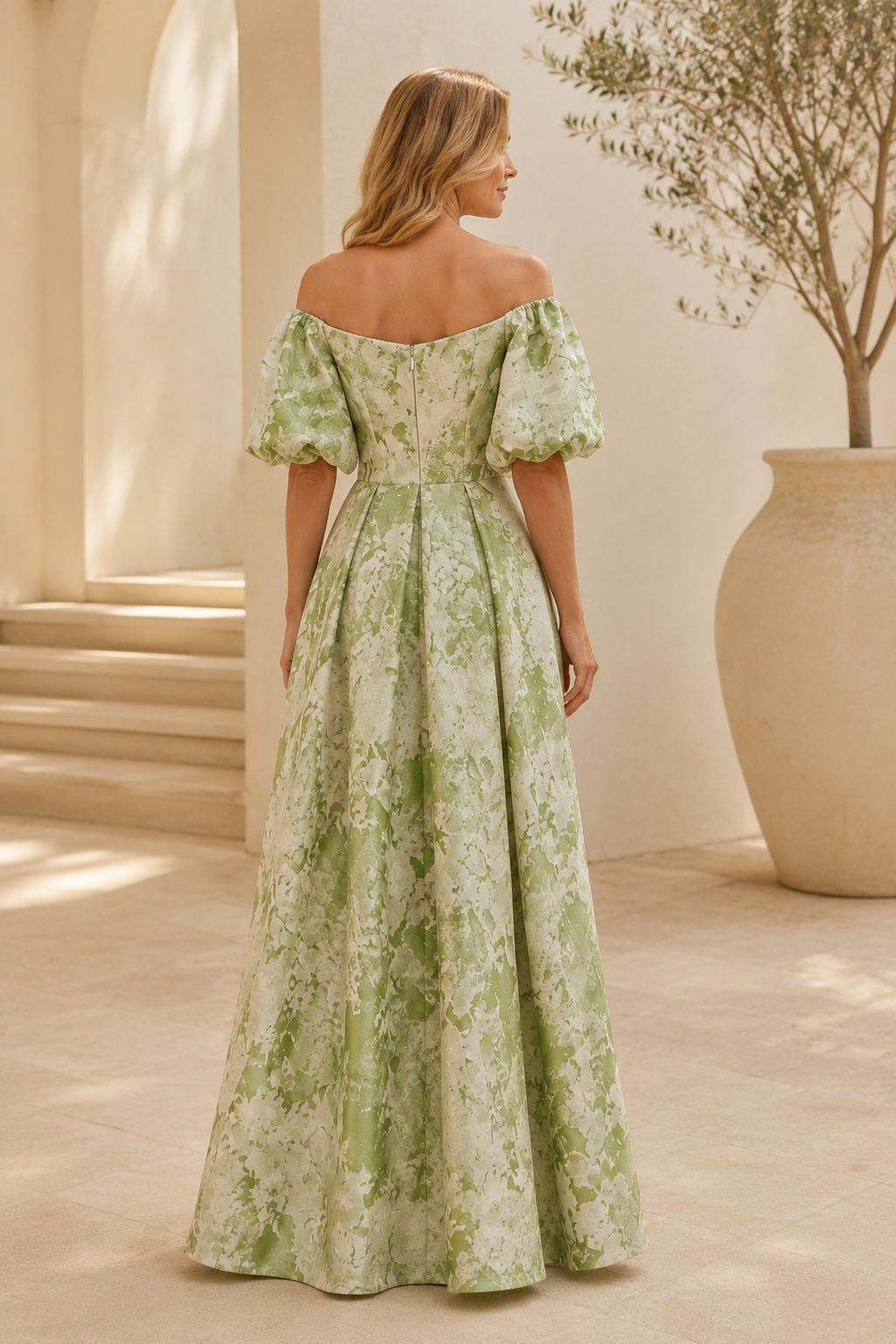 Off-Shoulder Puff Sleeve Floral Jacquard A-Line Gown