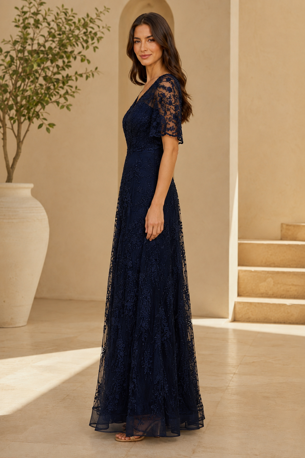 Flutter Sleeve Lace A-Line Evening Gown