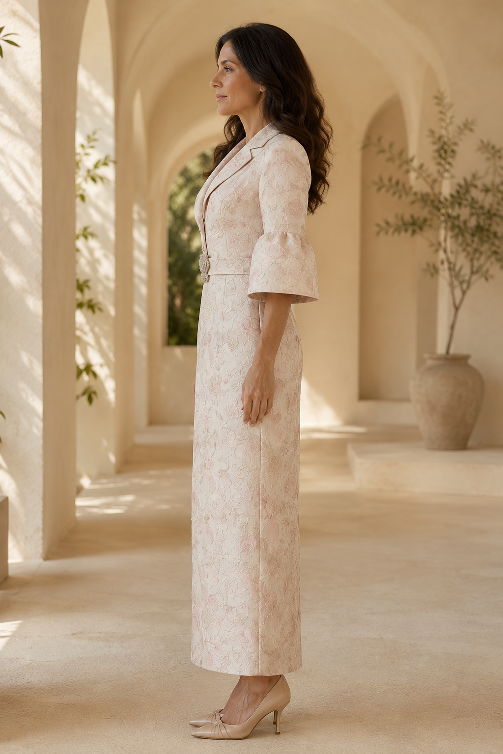 Floral Jacquard Blazer-Style Dress with Bell Sleeves