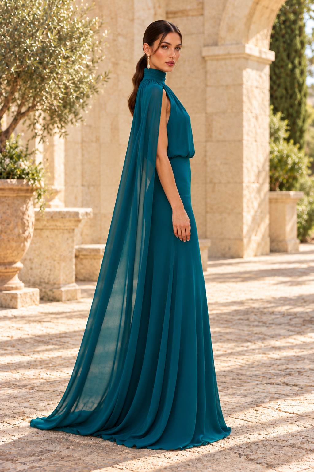 High Neck Cape Evening Gown with Ruched Bodice