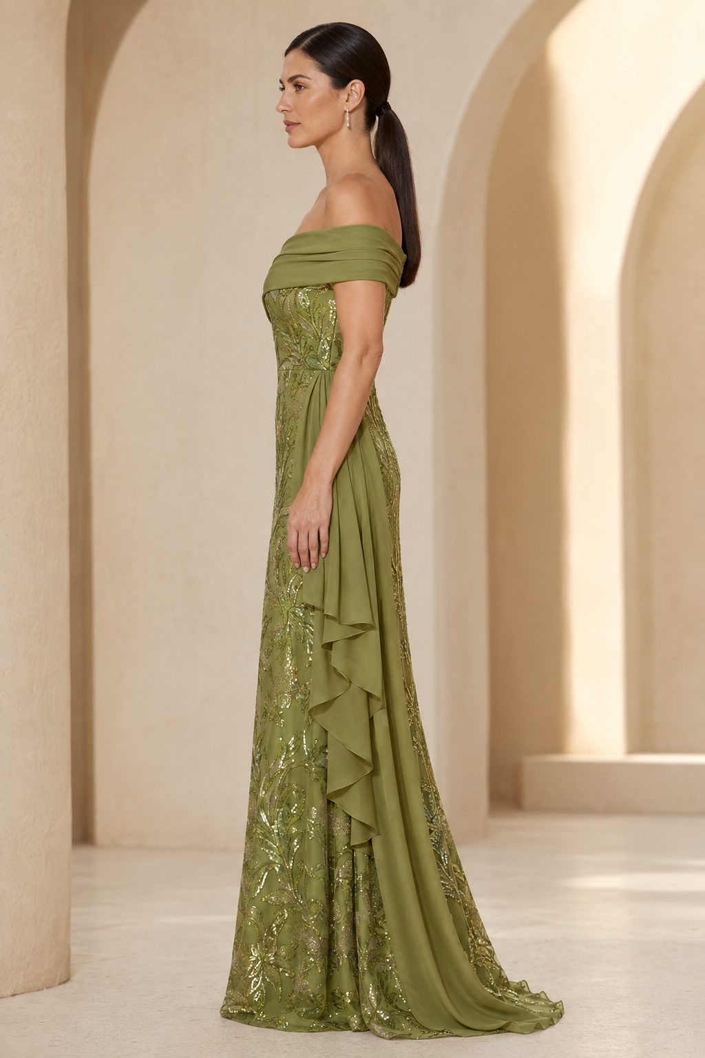 Off-the-Shoulder Sequin Floral Gown with Chiffon Train