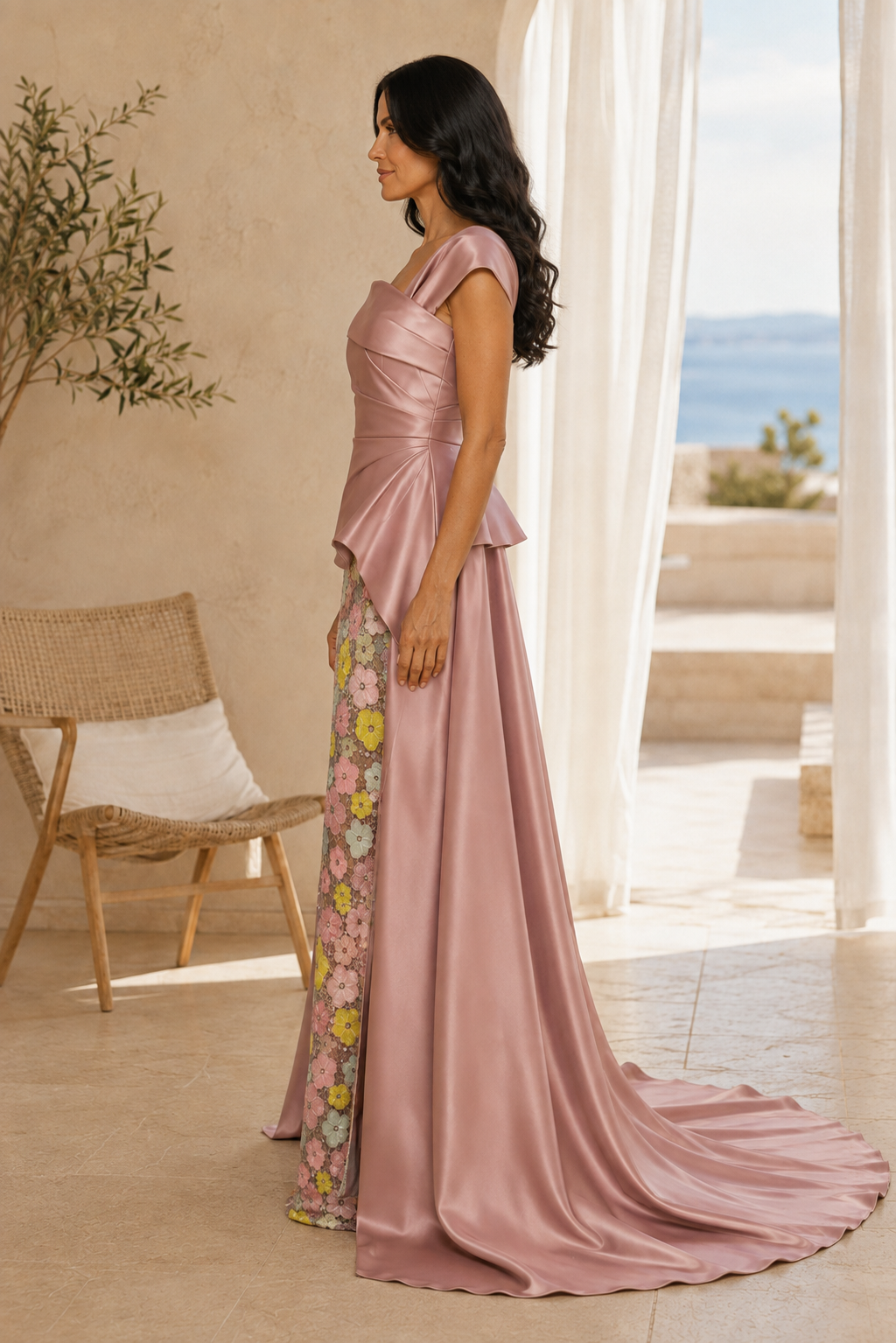Off-Shoulder Floral Sequin Gown with Satin Overskirt