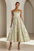 Strapless Floral Jacquard Tea-Length A-Line Dress