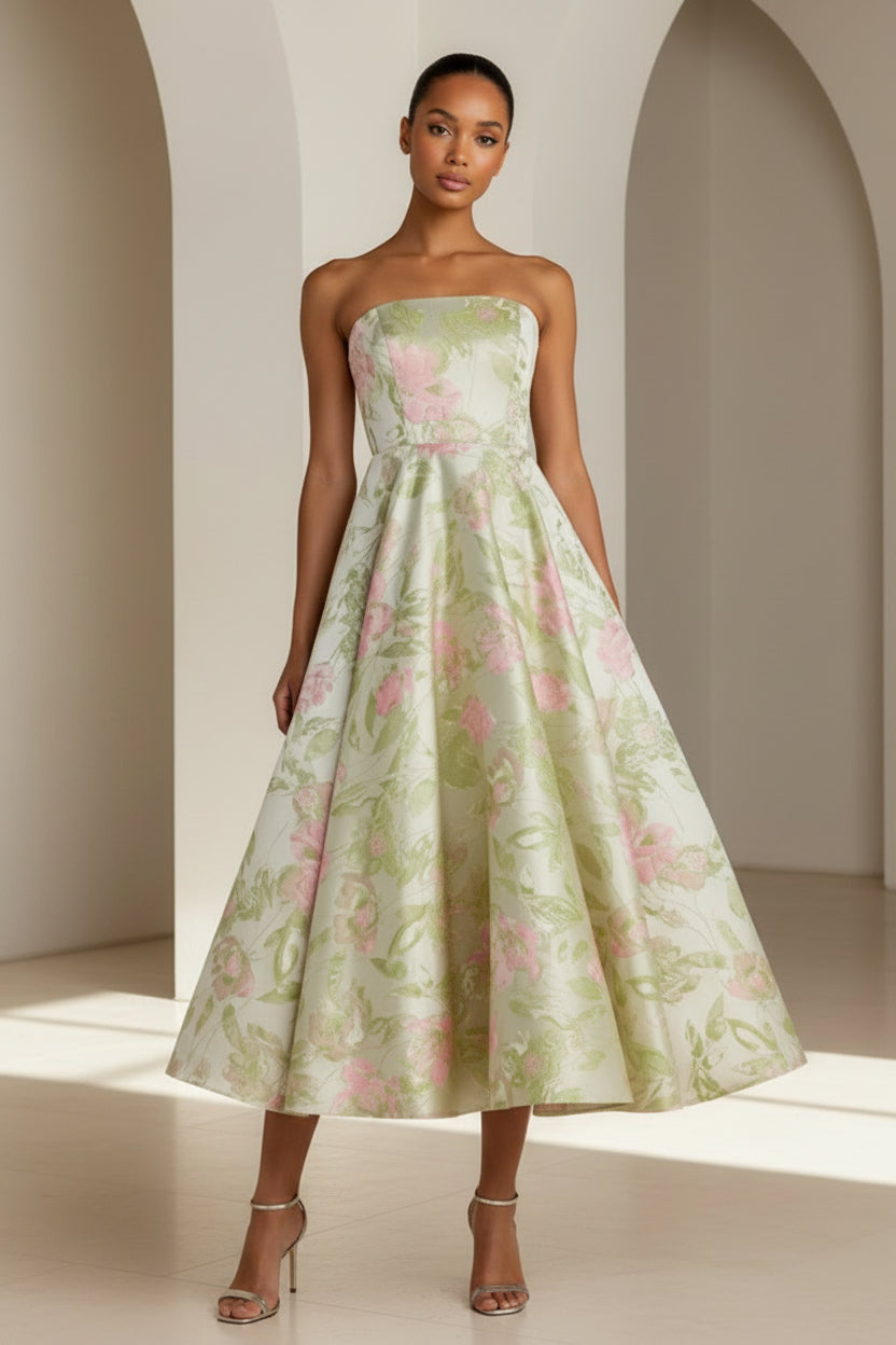 Strapless Floral Jacquard Tea-Length A-Line Dress