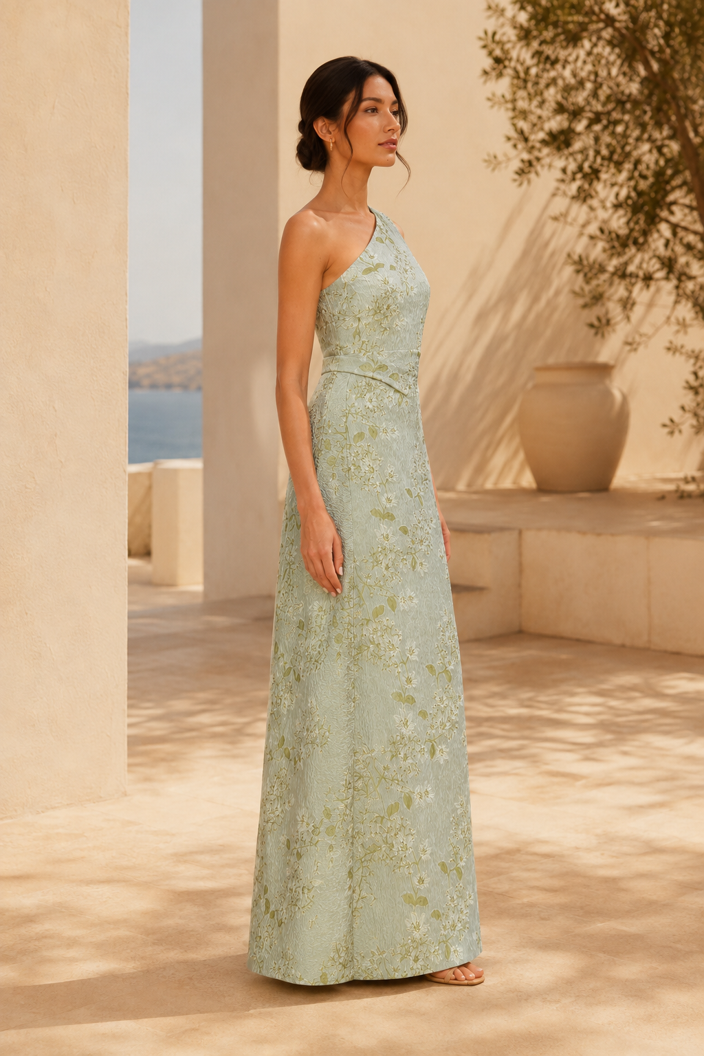 One Shoulder Floral Jacquard A-Line Evening Gown