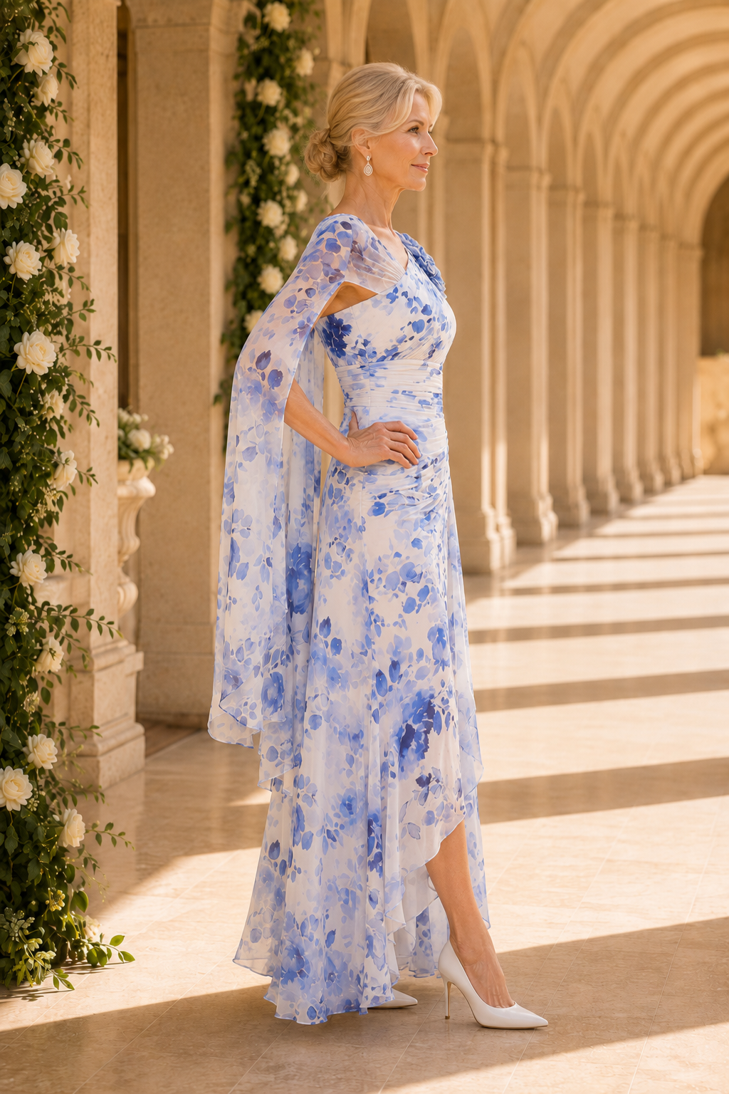 Floral High-Low Chiffon Gown with Cape Sleeves