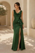 Satin Cowl Neck Evening Gown with Side Slit