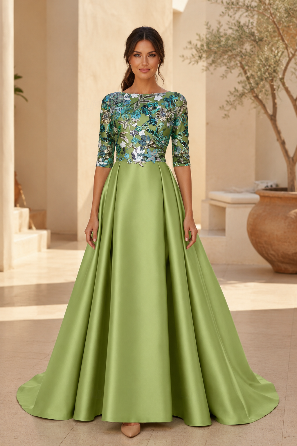 Floral Embroidered Satin A-Line Gown with 3/4 Sleeves