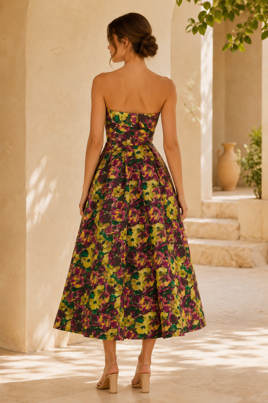 Strapless Floral Jacquard Tea-Length A-Line Dress
