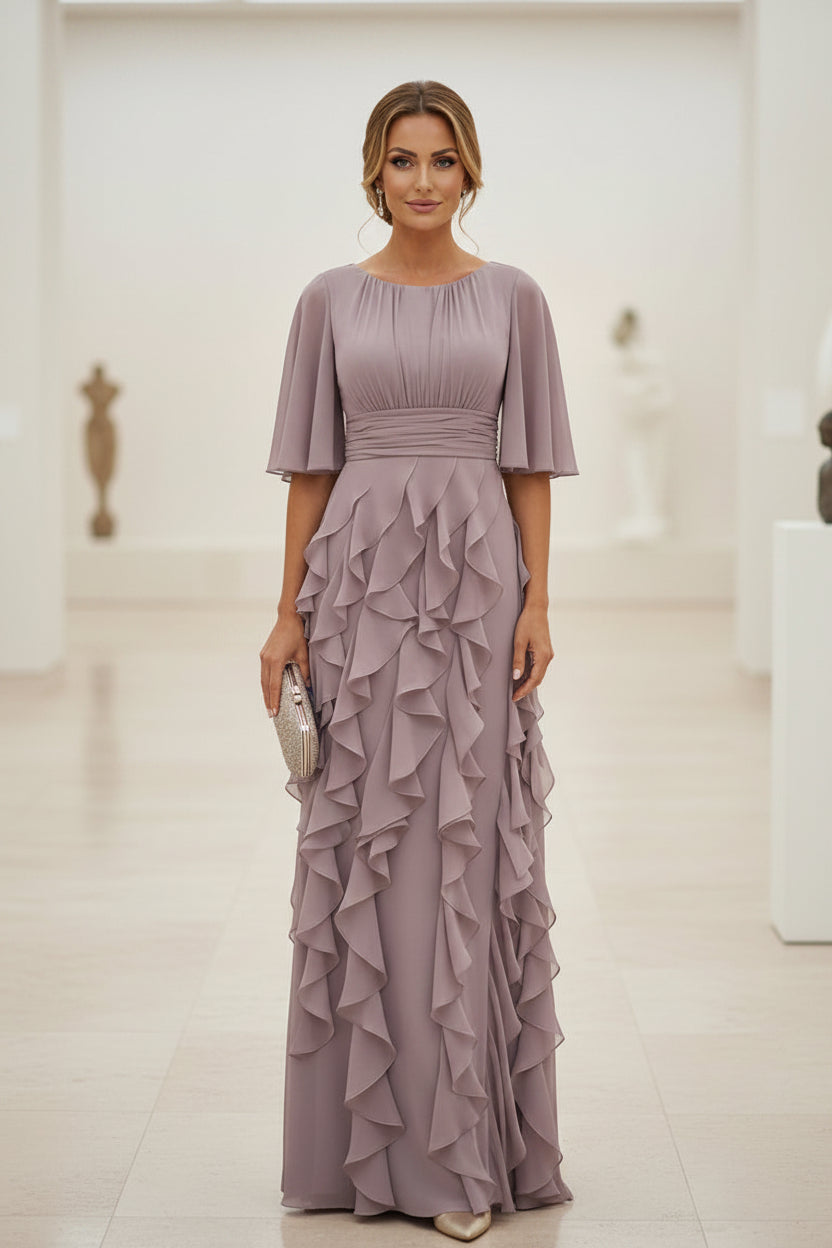 Ruffle Chiffon Flutter Sleeve Floor-Length Gown