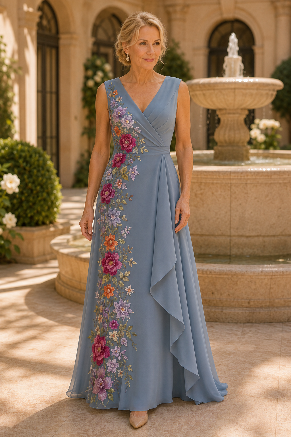 Embroidered Floral V-Neck A-Line Gown