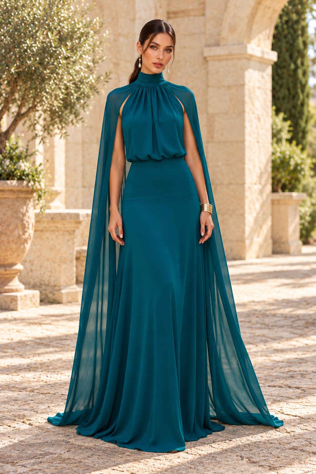 High Neck Cape Evening Gown with Ruched Bodice