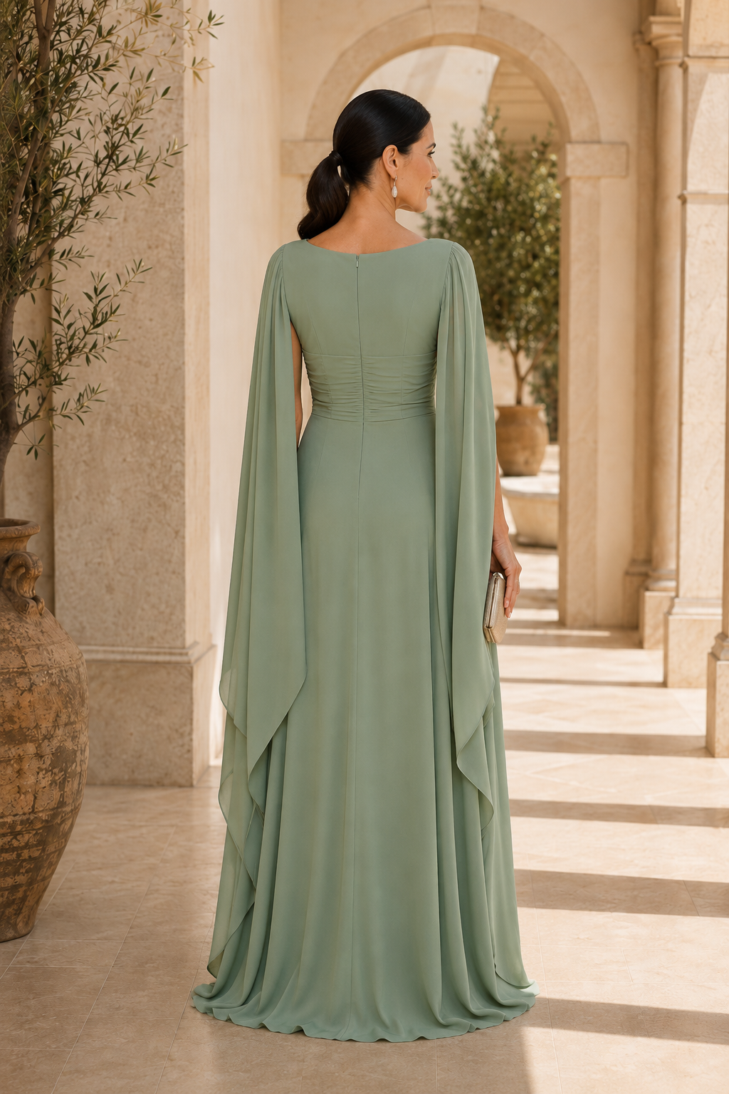 Embroidered Cape Sleeve Floor-Length Evening Gown