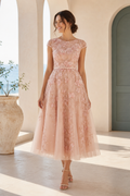 Floral 3D Applique Tea-Length Tulle Dress