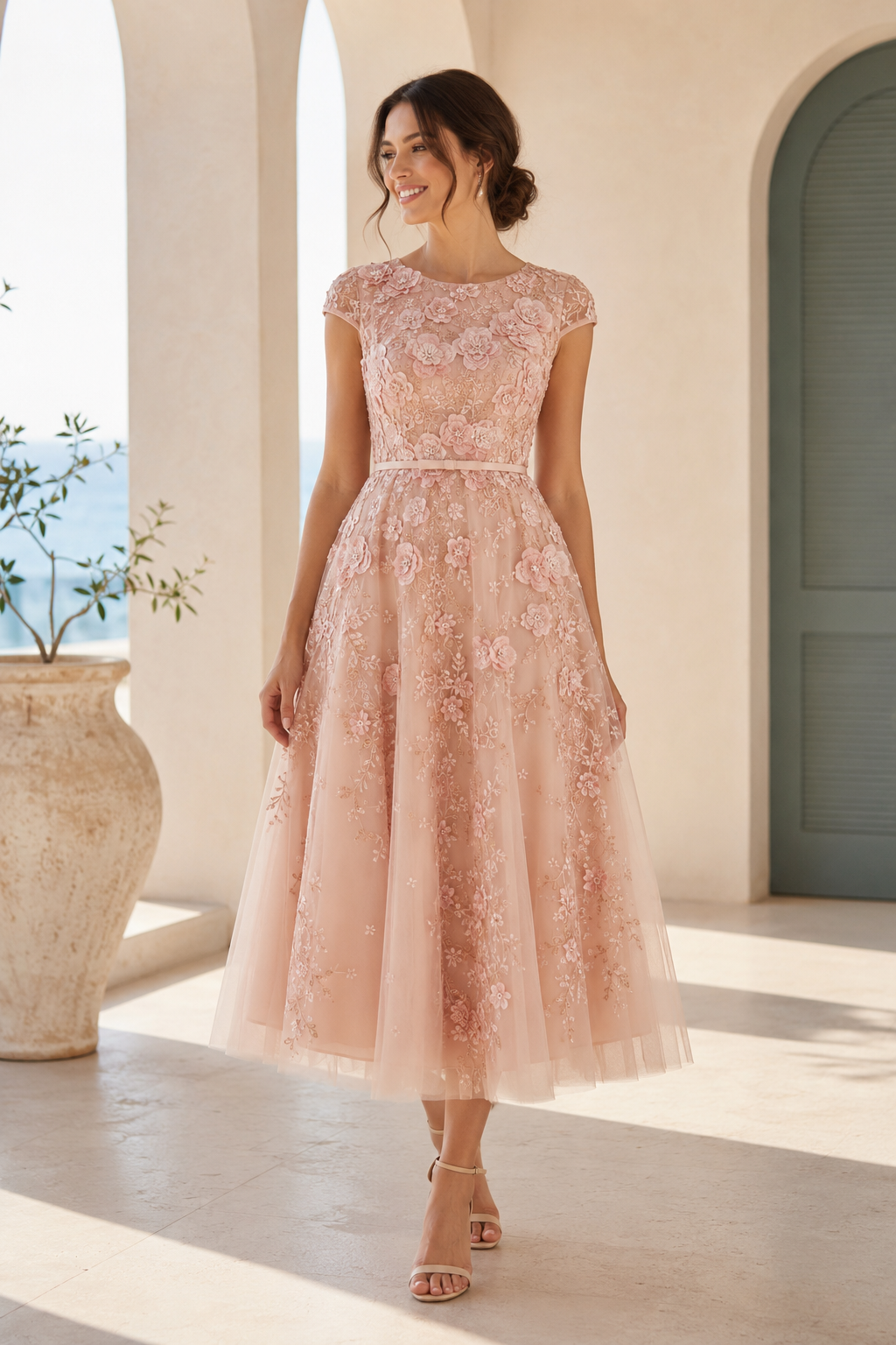 Floral 3D Applique Tea-Length Tulle Dress